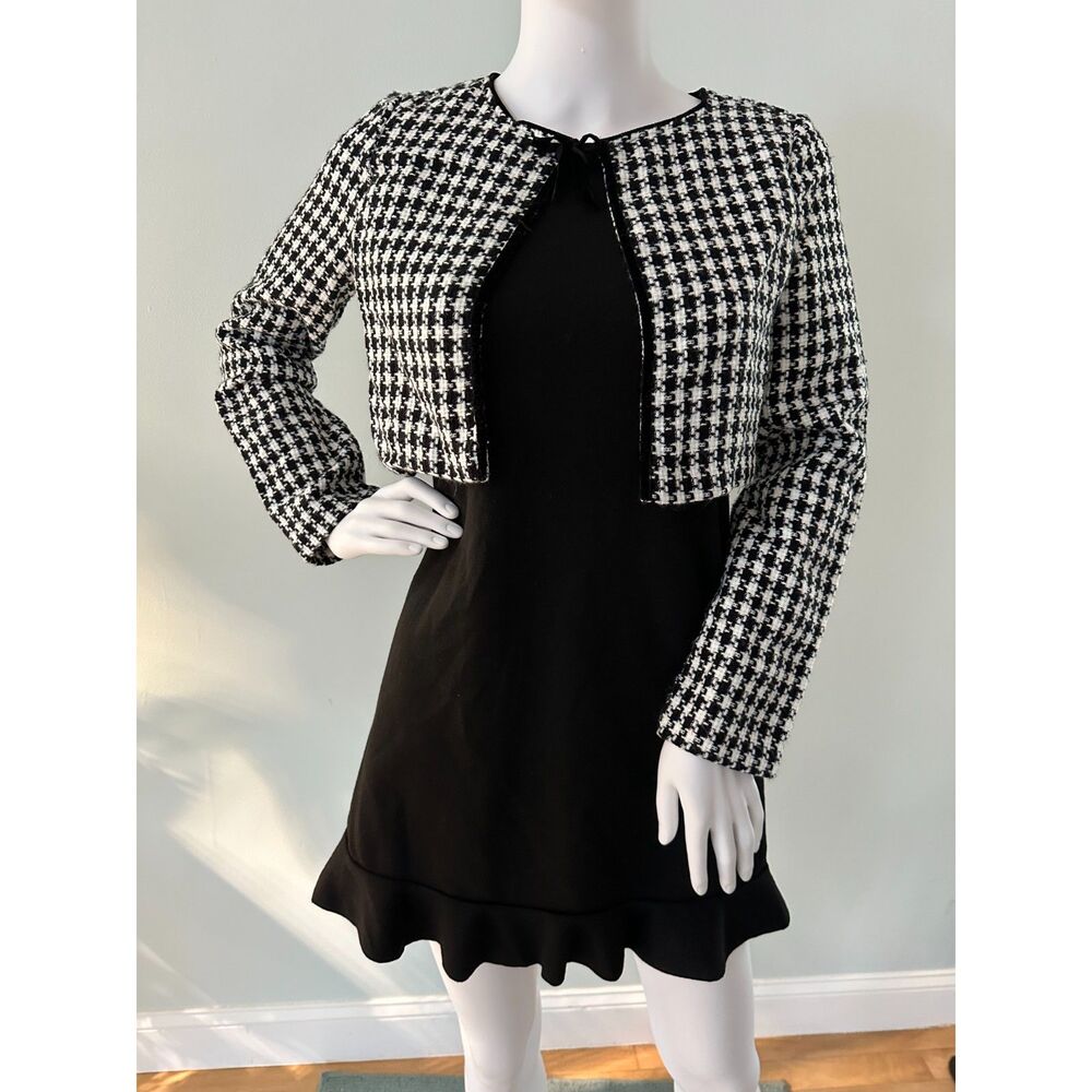 Vintage IZ Byer Black Long Sleeve Mini Dress with Houndstooth Shrug size Small